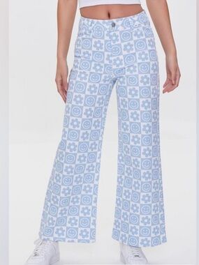 Forever 21 blue white checkered smiley face flower 70’s wide leg jean pants 27
